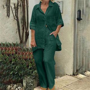 COSTUME - TAILLEUR Mode femme couleur unie costume deux pièces coton lin pantalon pantalon ensemble costume décontracté Vert armée