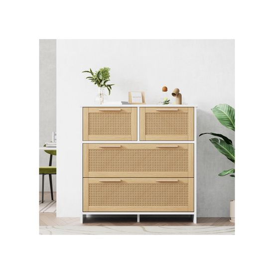 Commode 5 Tiroirs En Rotin Naturel – Pieds Dorés, Design Moderne – Pour Chambre & Salon, Rangement Spacieux