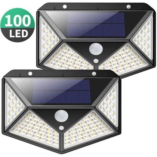 2 Pack Lampe solaire étanche extérieur 100 LED avec détecteur de mouvement-Lumière blanche chaude