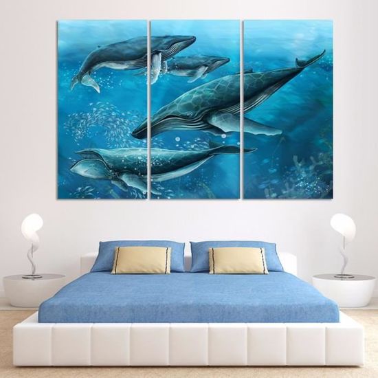 Peinture D Art De Mur Requins Dans La Mer Bleue Sur La Toile Pour La Chambre De Lit D Enfant Non Encadred Achat Vente Objet Decoration Murale Cdiscount