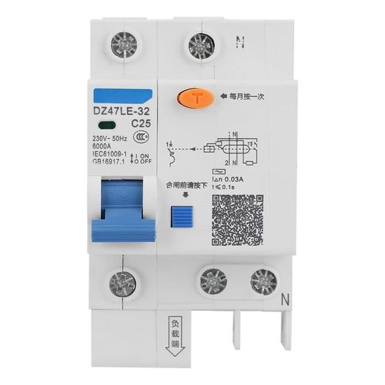 Disjoncteur Différentiel 30mA Aramox - DZ47LE-32 1P+N C32 - 230V - Protection Fuite, Surcharge, Court-circuit - Pour Salle De Bain, Maison