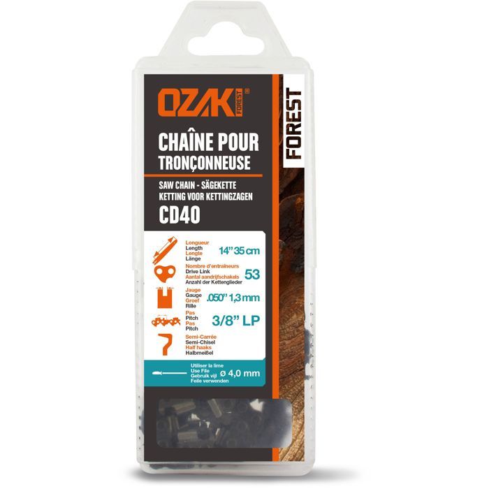 Chaîne de tronçonneuse OZAKI Sous coque semi carrée .38LP .050 13 mm 53 entraîneurs E53