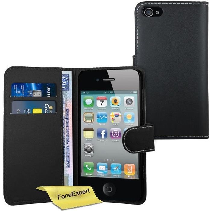 Noir - Apple iPhone 4 4s Etui Housse Coque en Cuir Portefeuille Wallet Case Cover + Film de Protection