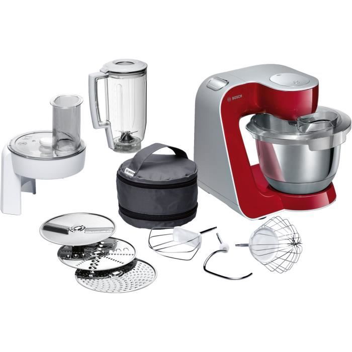 BOSCH Kitchen machine MUM5 - Robot de cuisine -1000W-7 vitesses+pulse- Bol mélangeur inox 3,9L- Blender 1,25 L - Rouge foncé/silver
