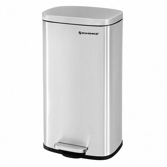 Poubelle de cuisine avec pédale, seau intérieur en plastique Poubelle en acier inoxydable 30 litres Fermeture en douceur Anti 519