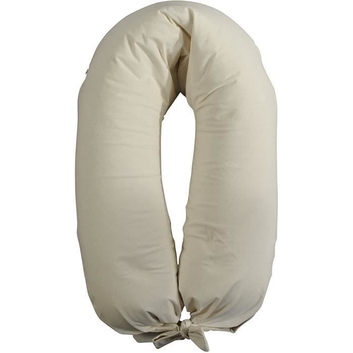 Coussin d'allaitement et de grossesse + housse avec lacets / 190 cm (rembourré en billes de polystyrène, ignifuge) écru