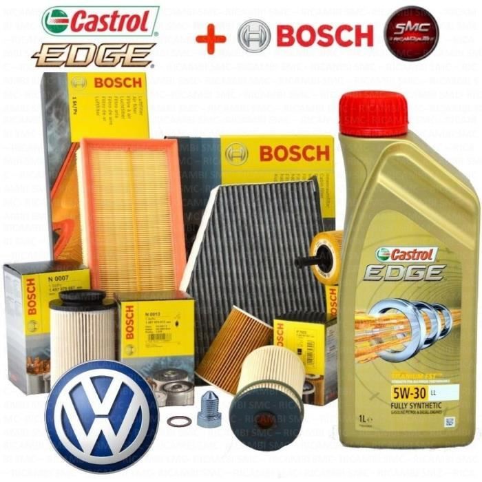 KIT DE REVISION 4 FILTRES BOSCH VW - 5 L HUILE MOTEUR CASTROL EDGE 5W30 VW BEETLE (5C1) 1.6 TDI 77 KW 105 CH