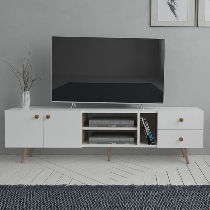 HOMEMANIA Sedef Meuble TV Moderne - avec portes, étagères - par Salotto -Blanc, Chêne en Bois, 160 x 30 x 45 cm