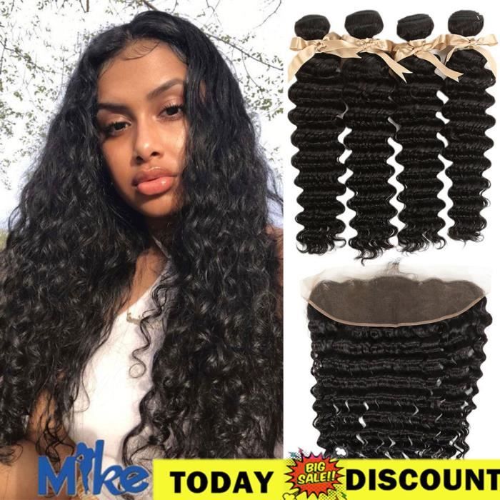 (26 26 26 26 + closure20)MIKEHAIR Tissage Brésilien Remy Avec Lace Frontal 13x4 Mèches De Cheveux Naturels Deep Wavy