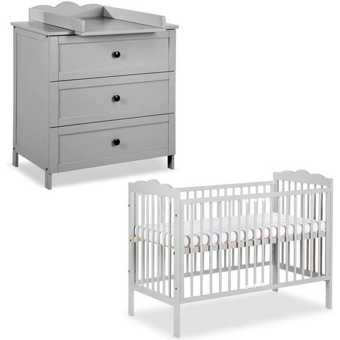 RADEK III Chambre bébé commode à langer et lit en bois Gris 120x60 cm