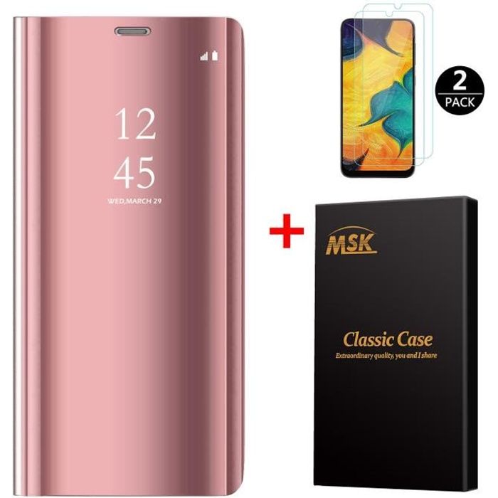 Coque Samsung A40 + [2 Pack] Verre trempé, Miroir Case Avec Stand Fonction Flip Protection Pour Samsung Galaxy A40 - Or Rose