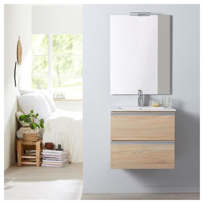 Meuble de salle de bain à suspendre chêne oak bordolino 60 cm + miroir + éclairage - Série Dynamic 2 tiroirs