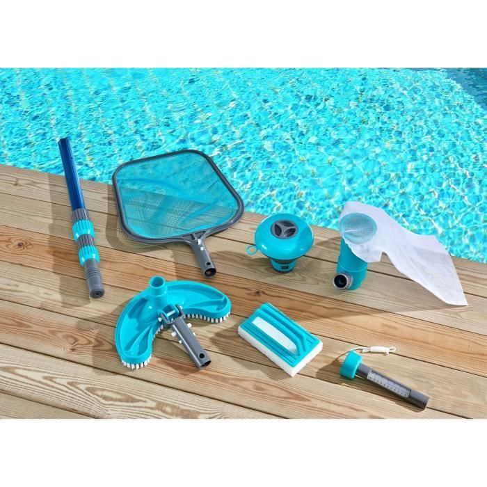 SPOOL Kit d'entretien de piscine 6 accessoires : manche téléscopique, brosse ligne d'eau, épuisette,