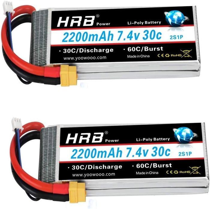 HRB 2pc 2200mAh 7.4V 2S 30C LiPo-batterij met XT60-connector Compatibel met RC Traxxas 1/16 E-Revo VXL Summit Slash Losi 1/14 Mini 8ight en RC Cars HRB 2pc 2200mAh 7.4V 2S 30C LiPo-batterij met XT60-connector Compatibel met RC Traxxas 1/16 E-Revo VXL Summit Slash Losi 1/14 Mini 8ight en RC Cars
