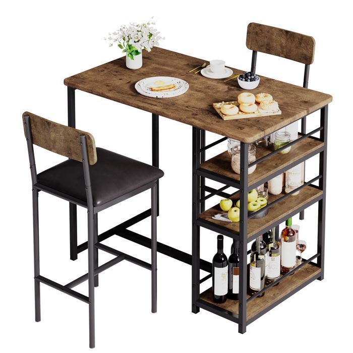 Ensemble de table de bar 3 pièces - PROMIRACAL - Brun rustique - 2 places - Cadre métal/acier massif - 3 étagères