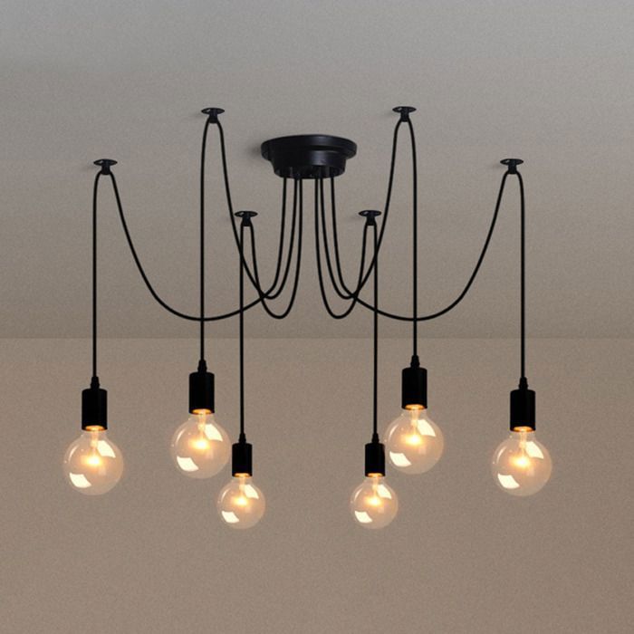 AXHUP DIY Suspension Luminaire 6 Culot 200cm Lustre Araignée Créatif Eclairage Décor E27 pour Salon Bureau Chambre LoftNoir