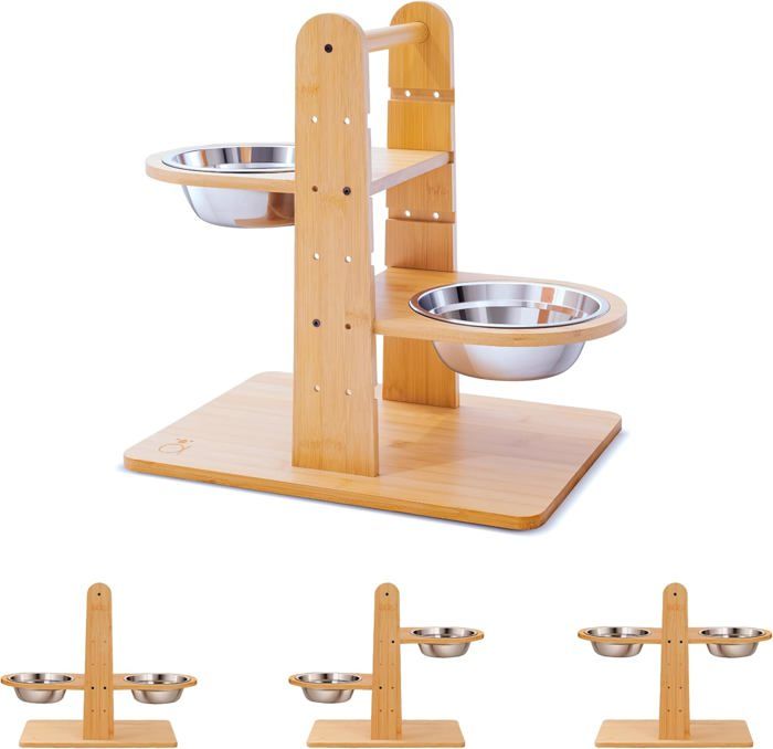 Meilleurs prix pour Gamelle Surélevée Pour Chiens Et Chats–Mangeoire En Bambou Antidérapante Et Anti-Basculement Avec Bols En Acier Inoxydable De Haut