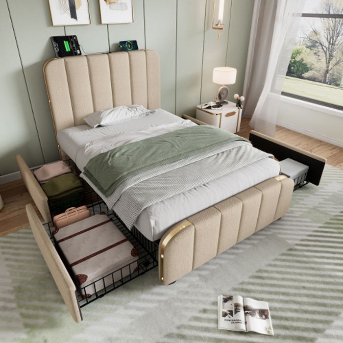 Lit Enfant 90x200cm Coquillage Velours - Tête De Lit Réglable Beige