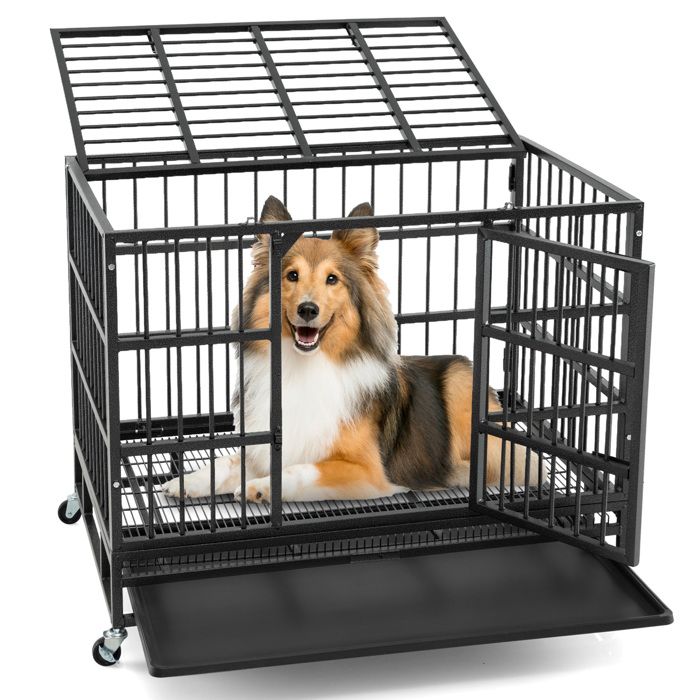 Meilleurs prix pour GYMAX Cage pour Chien 96 x 65 x 77 CM en Métal Pliable et Anti-Évasion Double Porte Serrures Robustes Plateau et Roues Amovibles