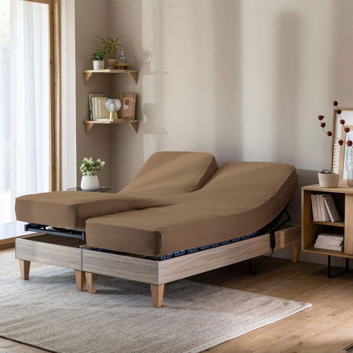 Drap housse caramel pour lit articulé jersey extensible 2x80x200 - Marron - Terre de Nuit