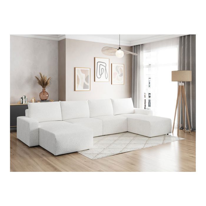 Canapé panoramique fixe 6 places ROMANE en tissu bouclette - Blanc Canapé panoramique fixe 6 places ROMANE en tissu bouclette - Blanc