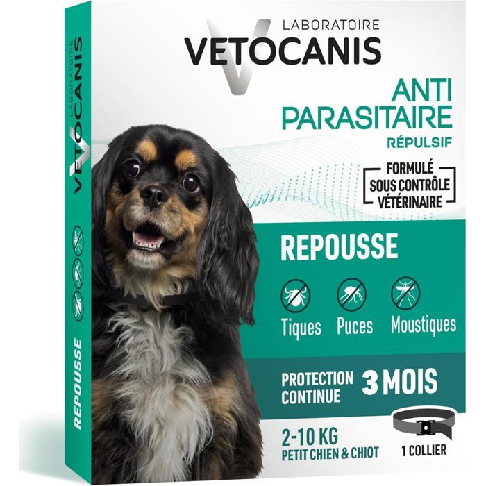 Meilleurs prix pour Vétocanis-Collier Répulsif Puces Tiques Moustiques-Protection 3 Mois-Petit Chien Et Chiot 2 À 10 Kg-Extraits Naturels Margosa Et L