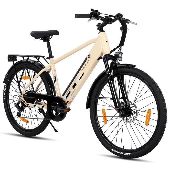 Hiland 26 Vélo électrique E-MTB avec moteur 250 W batterie 36 V 10 4 Ah 7 vitesses pour hommes et femmes freins à disque beige