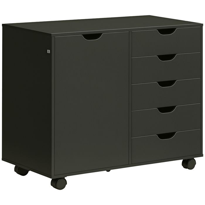 Caisson de bureau - HOMCOM - 5 tiroirs 1 porte étagère réglable - sur roulettes - panneau de particules - 78x40x66 5cm - noir Caisson de bureau - HOMCOM - 5 tiroirs 1 porte étagère réglable - sur roulettes - panneau de particules - 78x40x66 5cm - noir