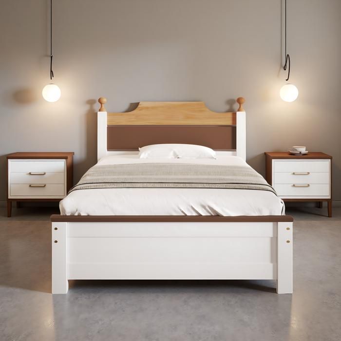 Lit simple 90x200 cm en pin blanc avec tête de lit bicolore et sommier à 15 lattes - style scandinave
