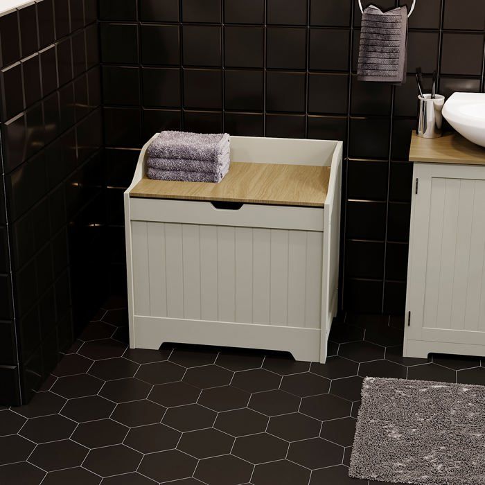 Priano Coffre à Linge Armoire de Salle de Bain avec Panier Gris & Chêne