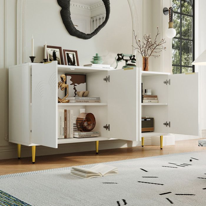 Buffet 160x40x80 cm avec 4 portes et poignées dorées Buffet de cuisine avec pieds brillants commode Buffet salon en blanc
