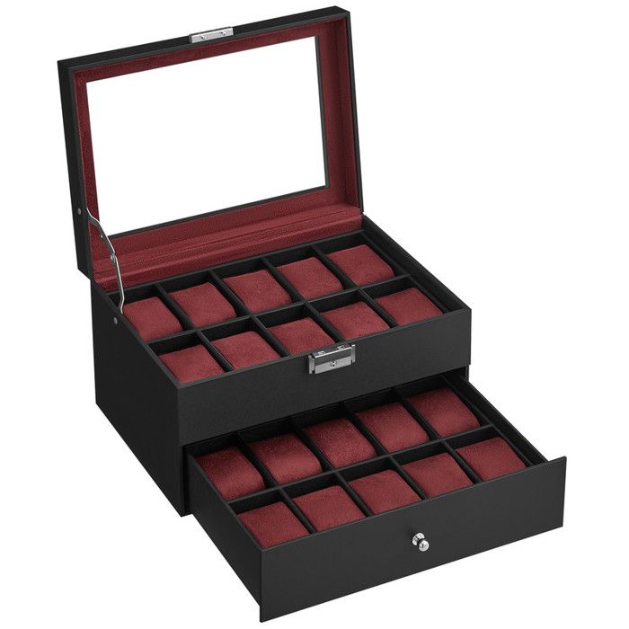 Boîte à Montres - SONGMICS - 20 Compartiments - Couvercle en Verre - Noir/Rouge Bourgogne