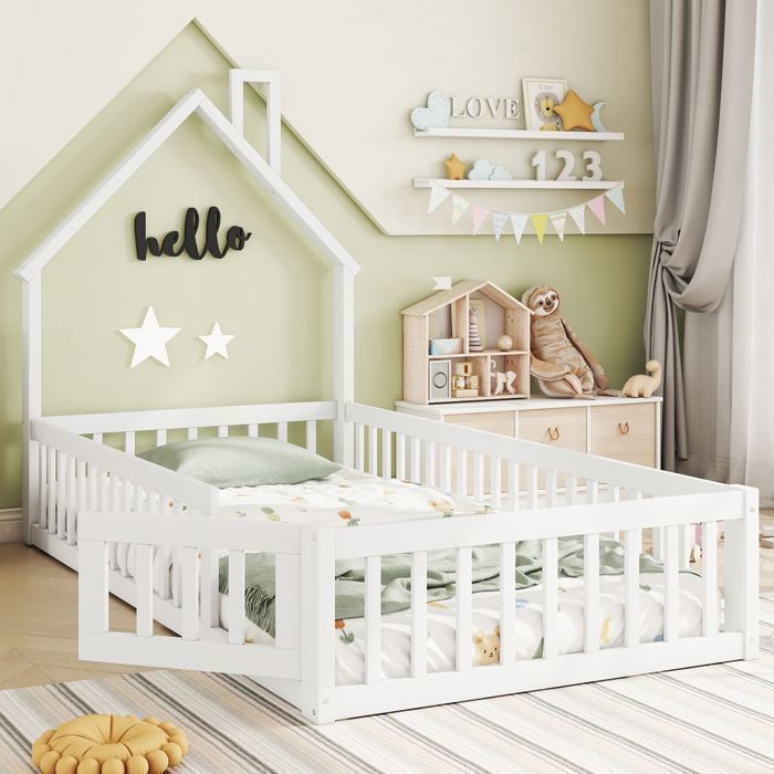 Lit cabane enfant - SOGEU - Lit Cabane 90x200 cm - Bois pin & MDF - Barrières de sécurité - Sommier 8 lattes inclus