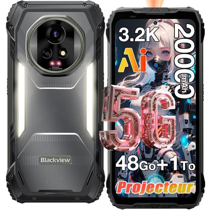 Blackview XPLORE 2 Projecter 5G Smartphone Robuste 48Go + 1 To 20000mAh/120W 50MP AI Caméra 673 AMOLED 120Hz NFC GPS - Noir
