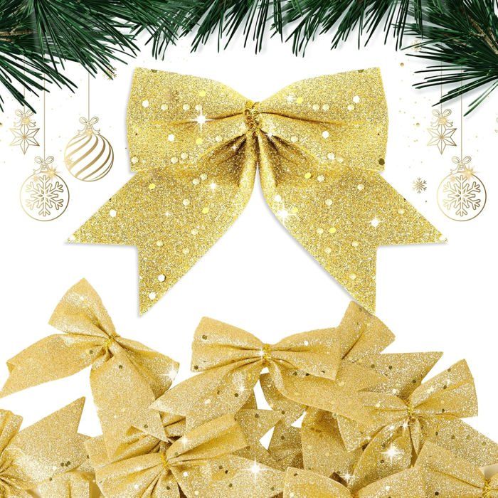 12 Nœuds De Ruban De Noël Pailletés Or - Taille 12x15 Cm - Décoration Sapin, Guirlande, Cadeau