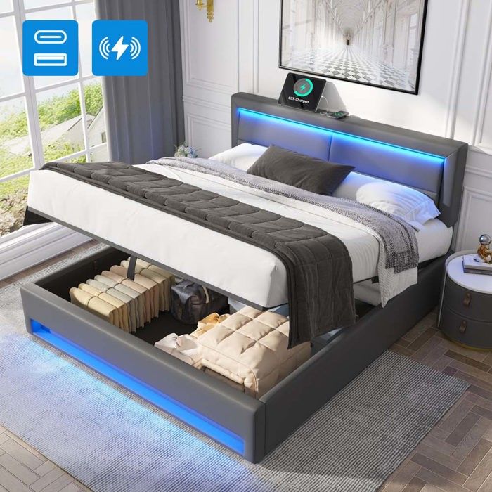 Lit coffre - 140 x 190 cm - Port USB-C (filaire & sans fil) - Éclairage LED 12 couleurs - Coffre de rangement