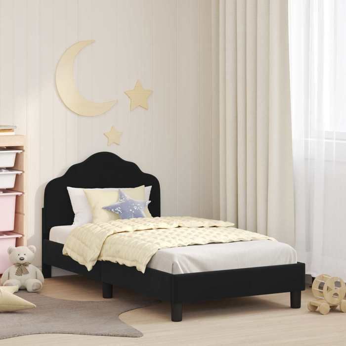 Lit enfant avec tête de lit - UU - 80x160 cm - Noir - Velours - Bois dingénierie - Poches de rangement - Design bas