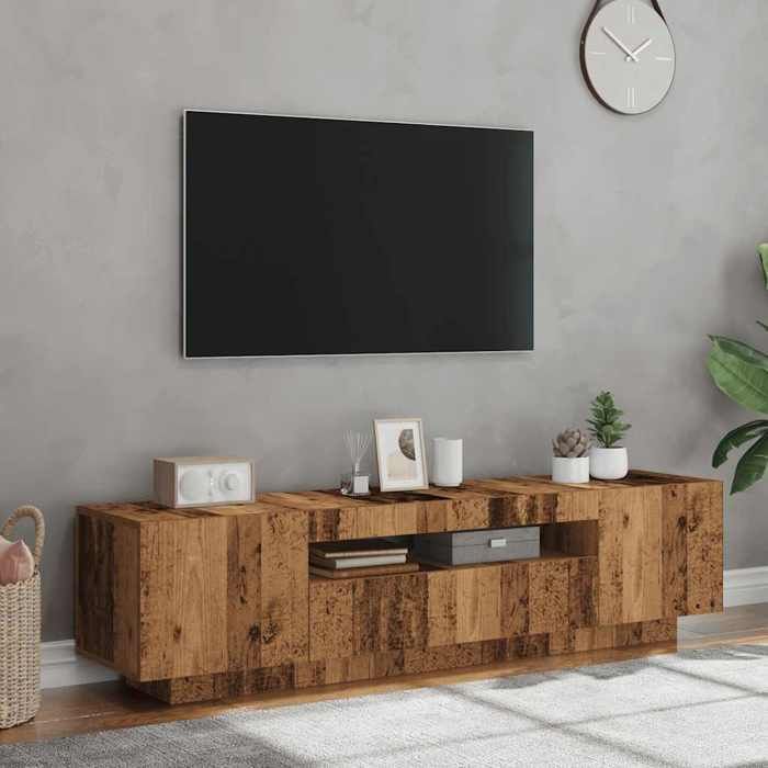 Meuble TV avec lumières LED - WIENS - 160x35x40 cm - Vieux bois - Bois dingénierie - 2 portes - Compartiment ouvert