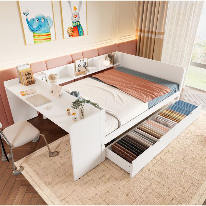 Lit combiné 140 x 200 cm EVRYAE avec bureau intégré 2 tiroirs et 3 étagères blanc sans matelas