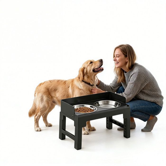 Gamelle pour chien réglable en hauteur pliable respectueuse de la nuque anti-éclaboussures en acier inoxydable noir