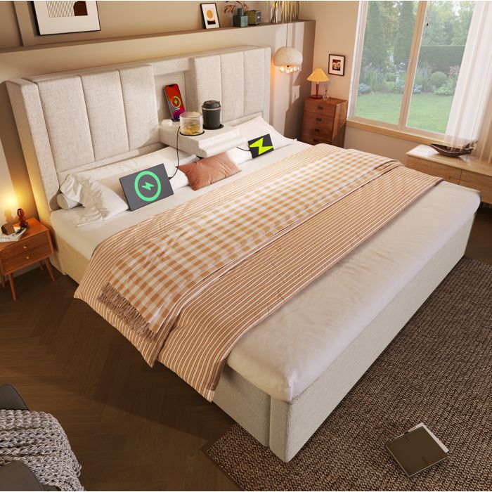 Lit coffre 180x200 cm en lin beige avec tête de lit fonctionnelle et station de charge