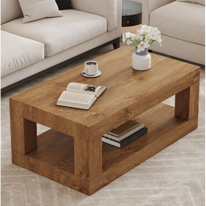 Table basse rectangulaire bois naturel 2 niveaux MDF rangement ouvert style industriel