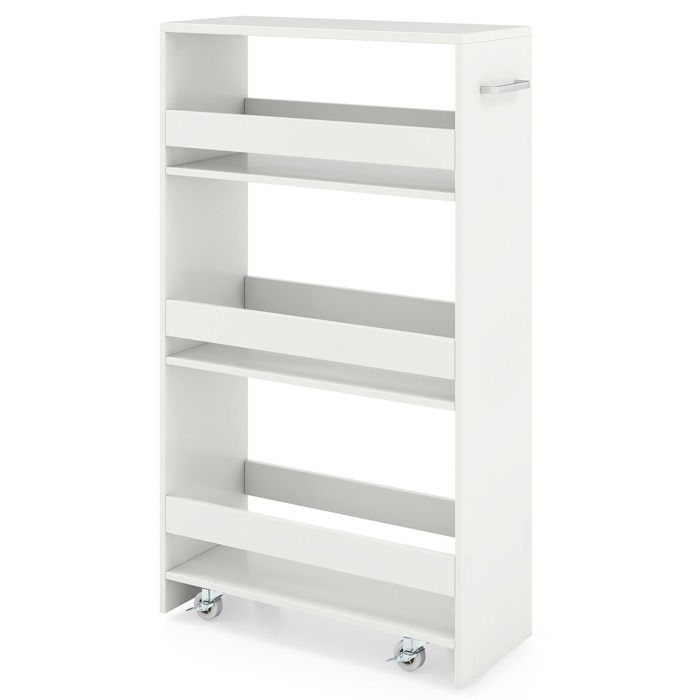 Chariot de Rangement Etroit de 20 cm COSTWAY Desserte de Cuisine à Roulettes à 4 Niveaux Etagères Ouvertes et Poignée Blanc