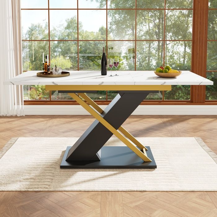 Table à manger extensible noire effet marbre avec piètement croisé