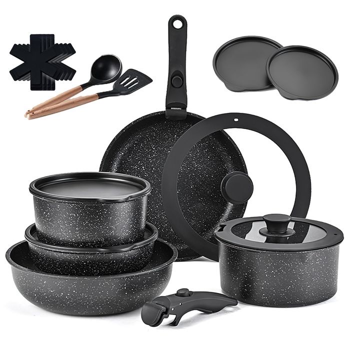 Batterie De Cuisine 17 pièces - Ensemble De Casseroles - Alliage daluminium moulé - Poignée amovible - Convient à tous les poêles