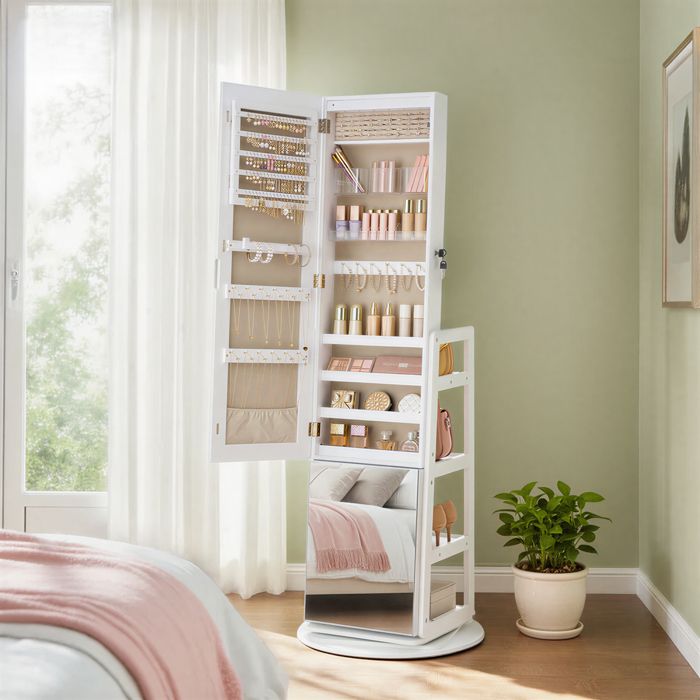 Armoire à Bijoux Pivotante à 360° avec Miroir Éclairage pour Chambre Entrée Blanc Armoire à Bijoux Pivotante à 360° avec Miroir Éclairage pour Chambre Entrée Blanc