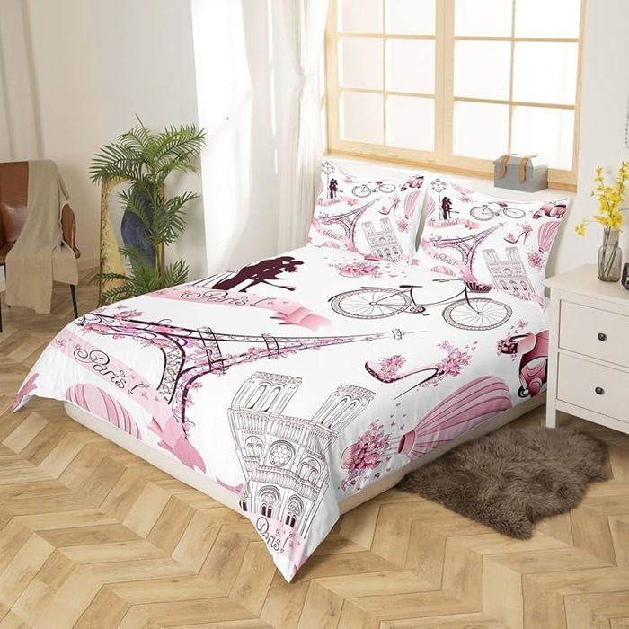 Housse de couette Paris Tour Eiffel 140x200cm motifs papillon rose literie romantique pour fille ou femme (Rose PARURE DE COUETTE