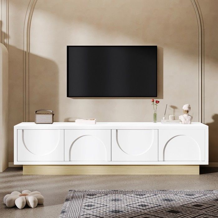 Meuble TV moderne blanc finition imitation bois incurvé 175x40x41 5cm design minimaliste grand rangement passe-fils pour salon Meuble TV moderne blanc finition imitation bois incurvé 175x40x41 5cm design minimaliste grand rangement passe-fils pour salon