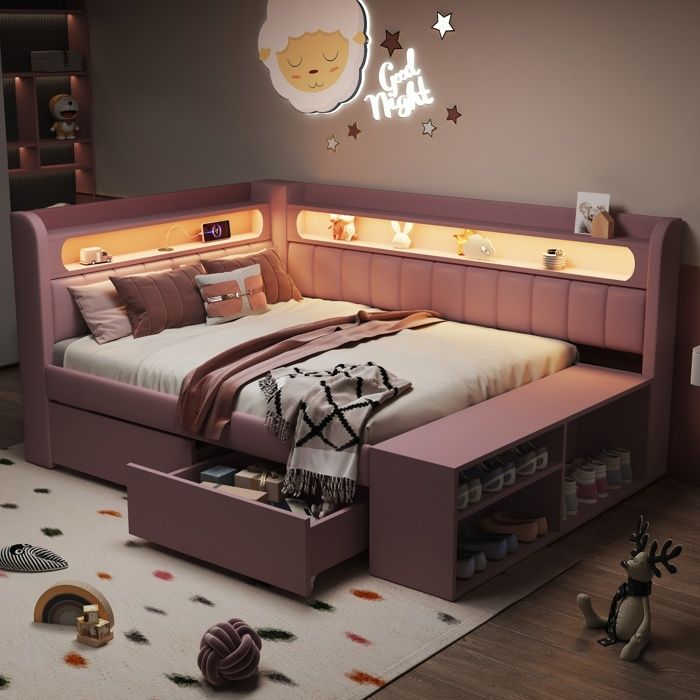 Lit combiné rembourré 90 x 200 cm rose avec USB LED 7 couleurs 2 tiroirs et meuble à chaussures