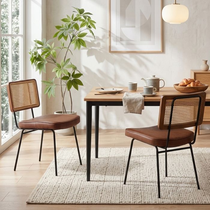 Lot de 2 chaises de salle à manger sans accoudoirs assise en simili-cuir marron cadre et pieds métalliques
